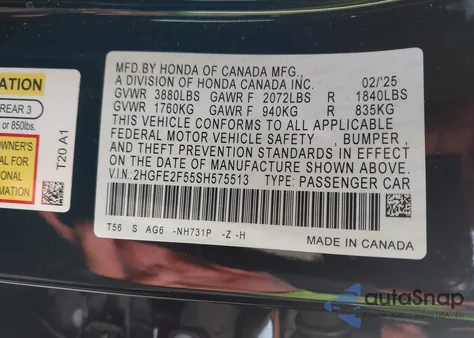 2025 Honda Civic Sport from USA, damaged, VIN 2HGFE2F55SH575513